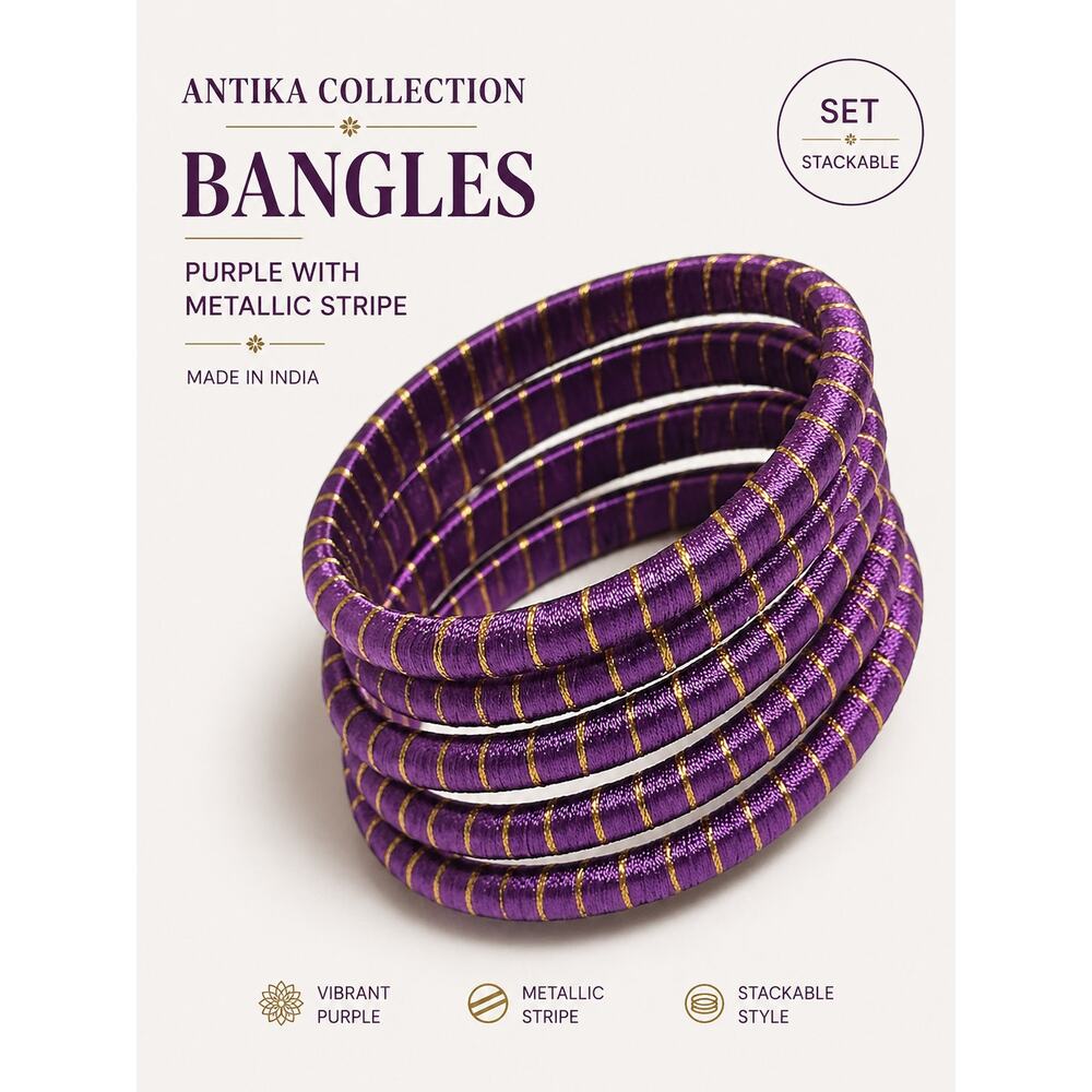 Antika Collection Purple Bangle Set Gold Stripe Made India NWT Made in India